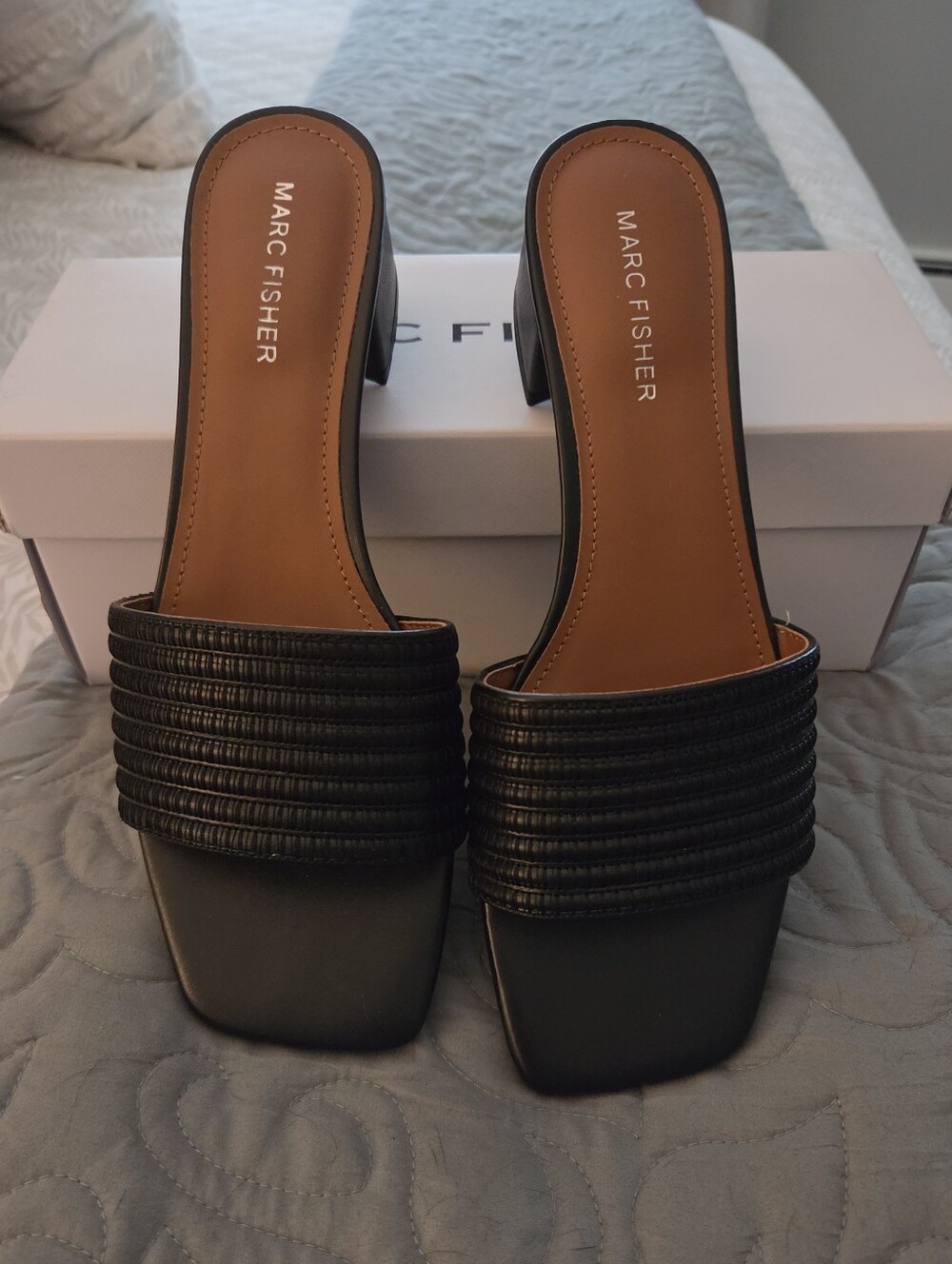 Marc Fisher Black Ribbed Strap Mule Sandals